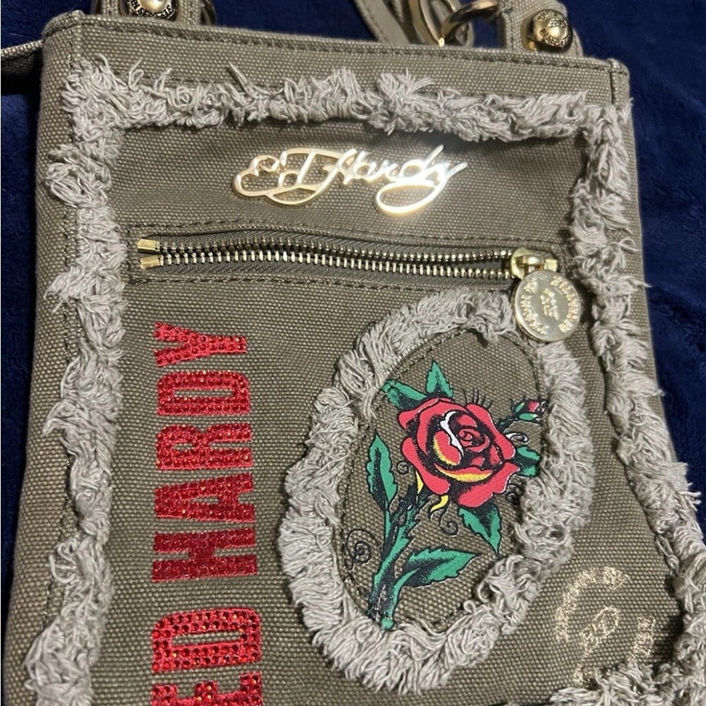 Ed Hardy Olive Crossbody Bag with Rose Embroidery